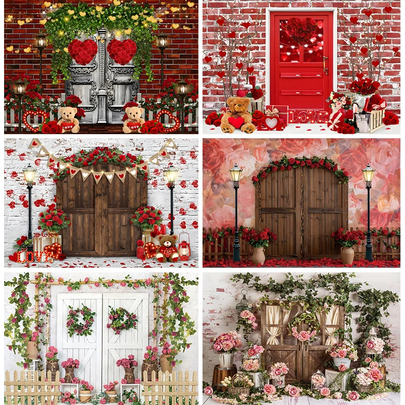 

Valentines Day Wood Door Photography Background Spring Flowers Pink Rose Iron Gate Brick Wall Backdrop Party Decoration Banner