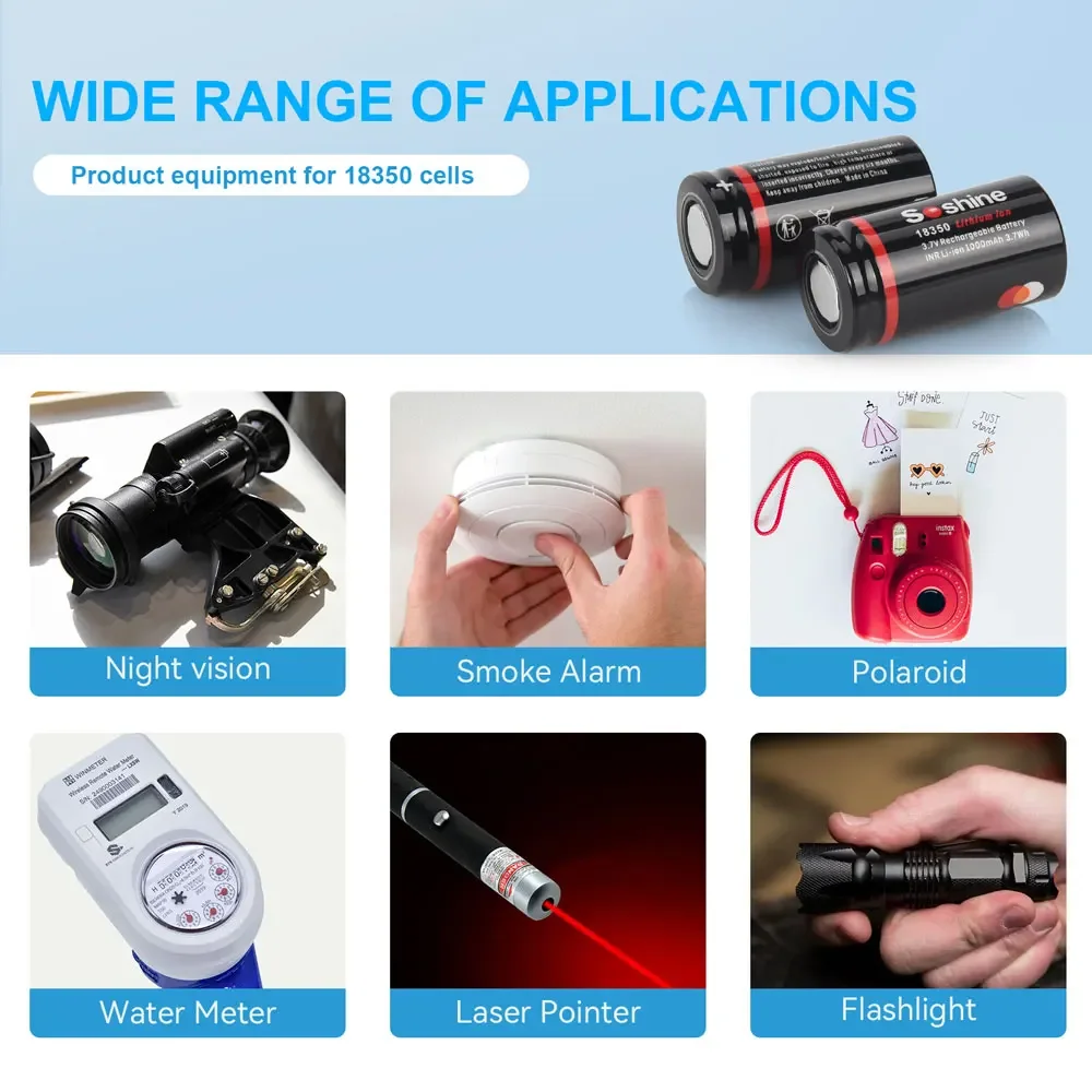 Soshine 3.7V 18350 1000mAh Rechargeable Battery 1000mAh Lithium Batteries Li-ion Battery 1000 Times Cycle Charge Full Time 1h 6