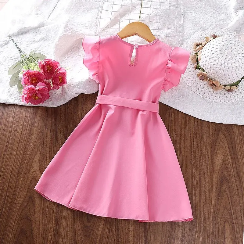 Kids Dress For Girls 4-7 Years Solid Pink Belted Wing-Sleeve V - Main Image