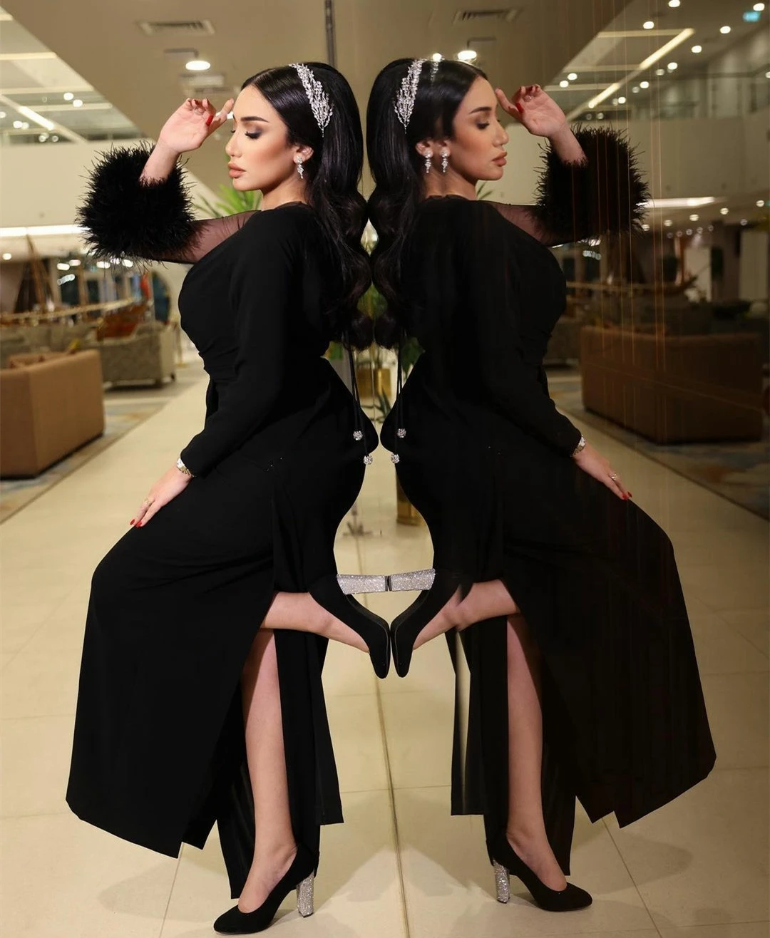 

Simple Illusion Long Sleeve Prom Desses for Women 2023 with Feathers فستان سهرة نسائي Black Sheath Party Dress for Wedding