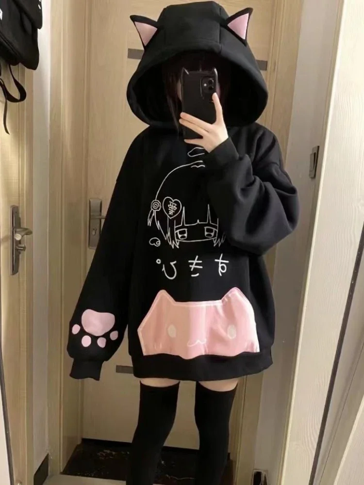 Japanese Cartoon Print Fleece Hoodies Women Harajuku Gothic Cat