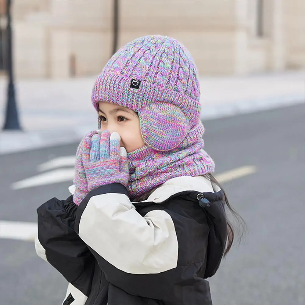Fleece Lined Children's Hat Neck Scarf Gloves Set Winter Warm Kids Earflap Beanies Thick Ear Protection Skull Caps