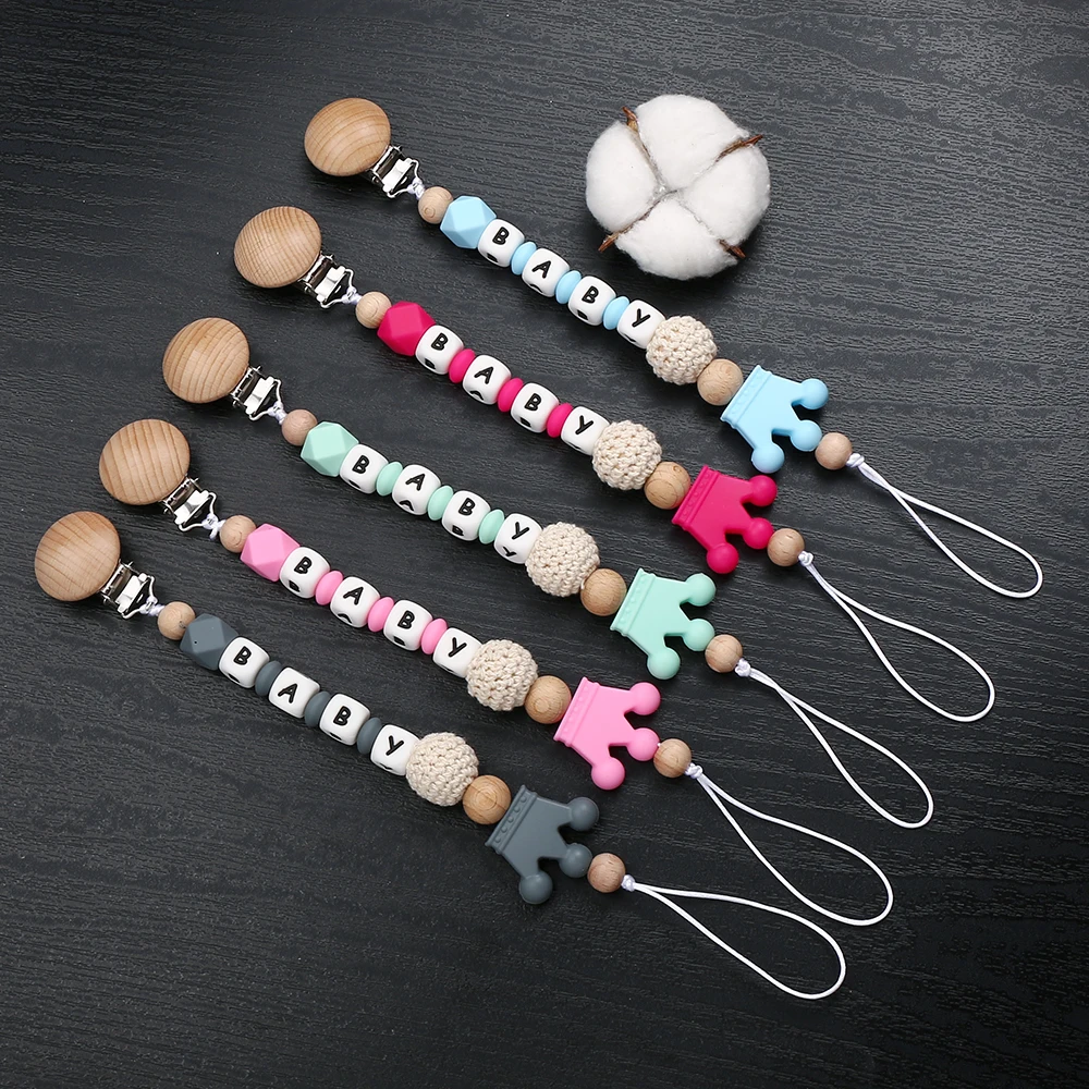 Personalized Name Baby Pacifier Clip Wood Soother Chew Teether Toys Dummy Safe Crown Silicone Teether Pacifier Chain Gift