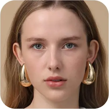 Vintage Chunky Drop Earrings for Women Gold Plated Chunky Glossy Stainless Steel Hollow Waterdrop Stud Earrings Jewelry