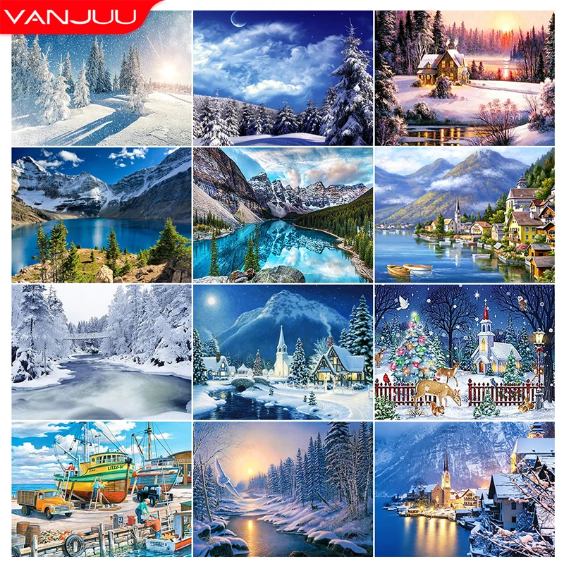 

Christmas 5D Diamond Painting Snow View Cottage Diamond Embroidery DIY All Rhinestone Mosaic Cross Stitch Set Art Deco