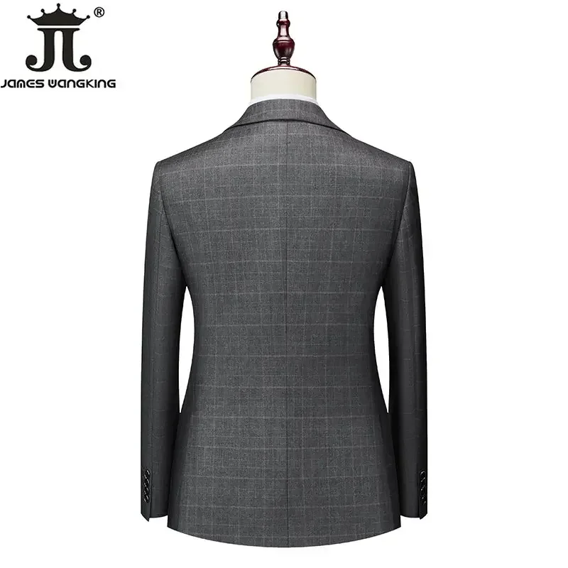 High-end Brand Classic Blue or Gray Plaid Men's Casual Business Suit Retro Official Suit Groom Wedding Dress Jacket Vest Pants