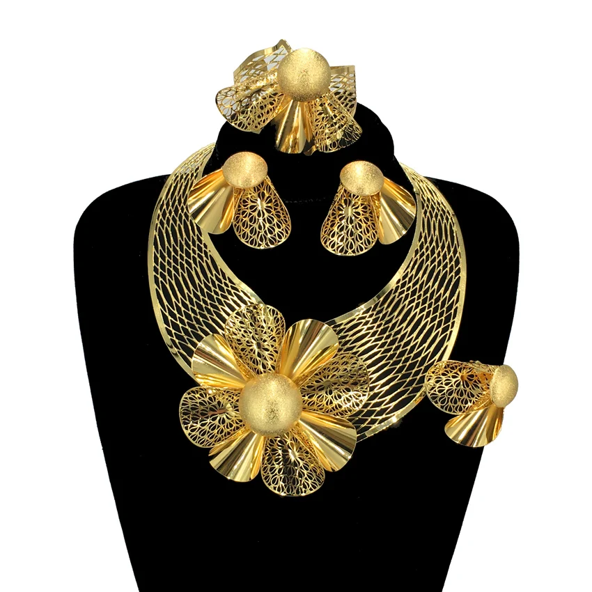 Fashion Brazilian 24k Gold Jewelry Set African Ladies Flower Large