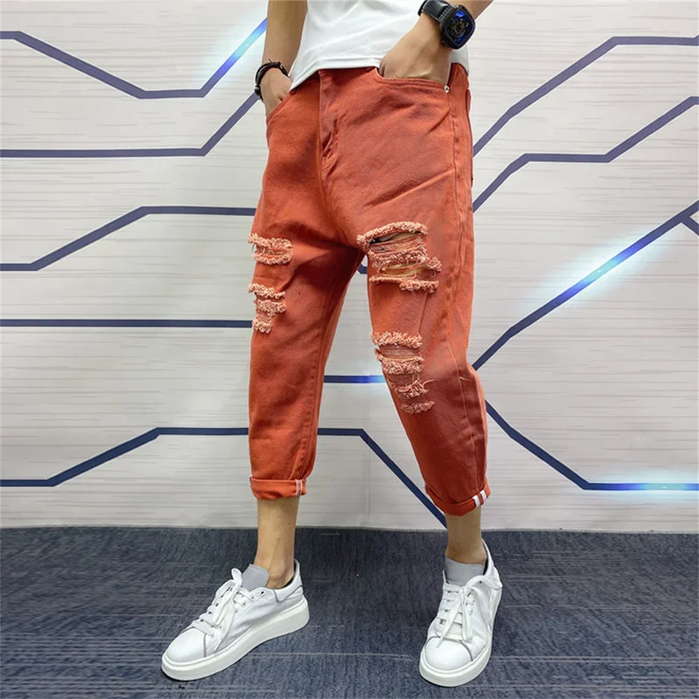 Japanese Trend New Men's Ripped Hole Jeans Solid Color Ankle Length Youth Fashion Loose Denim Harem Cargo Pants D96