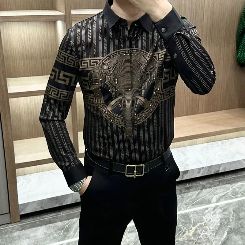 Spring Summer New Y2K Fashion Casual Shirt Man Print Loose All Match Harajuku Blusa Long Sleeve Ropa Hombre Diamond Male Clothes