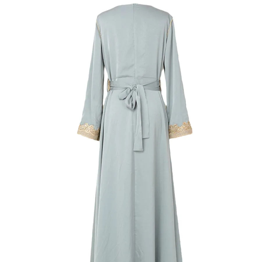 Women Abaya Embroidered Lace Fashion V-neck Dress Belt Green/blue Long Skirt