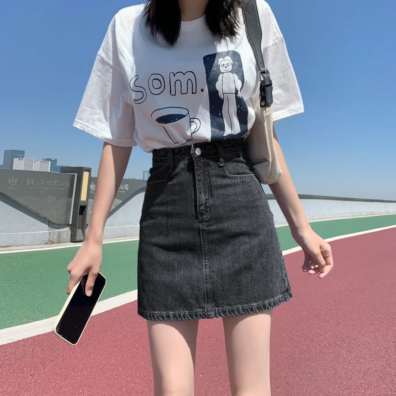 

Женская короткая юбка, повседневная однотонная простая джинсовая юбка с карманами, летняя Офисная Женская Корейская свободная мини-юбка с высокой талией