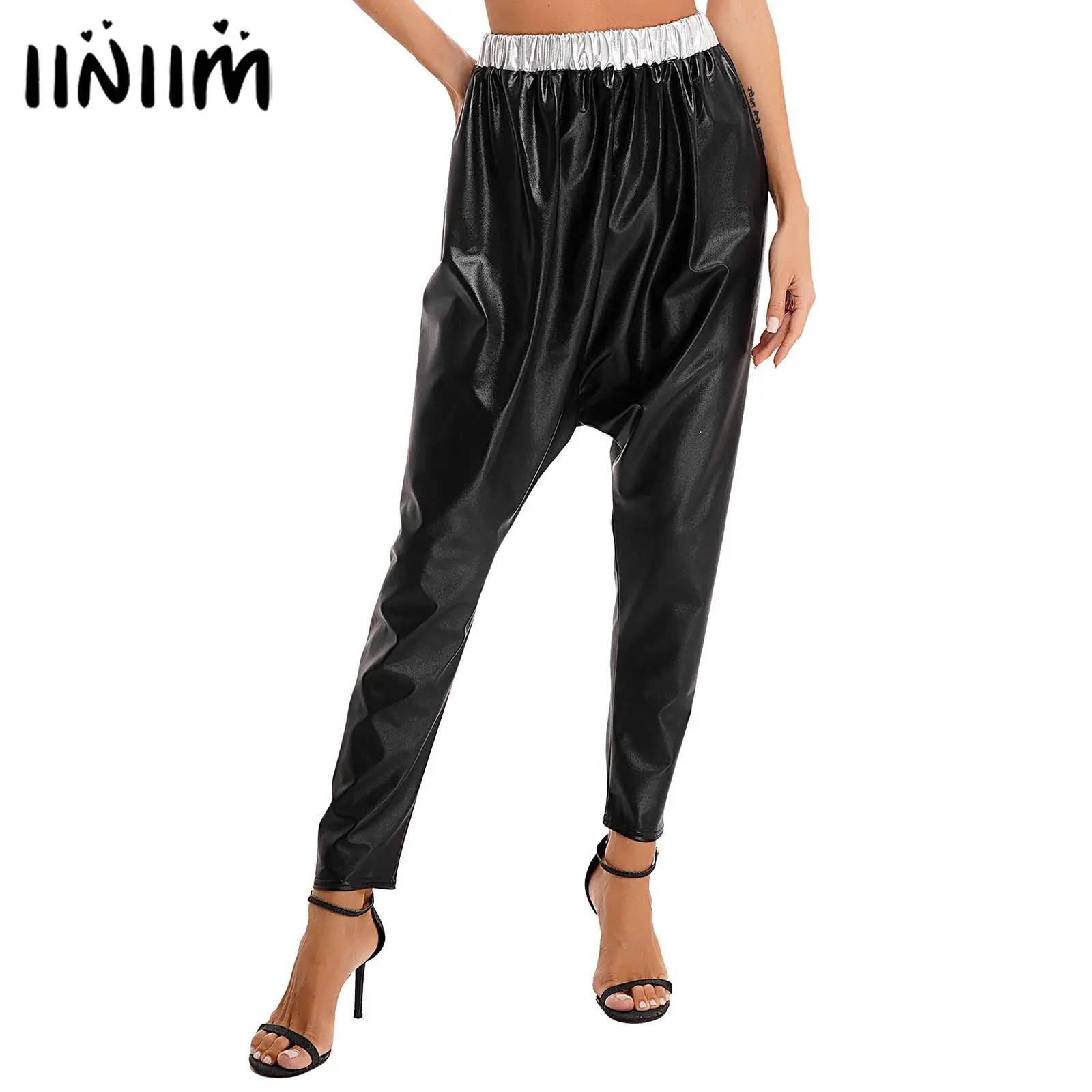 Womens Fashion Metallic Shiny Harem Pants Contrast Color Elastic
