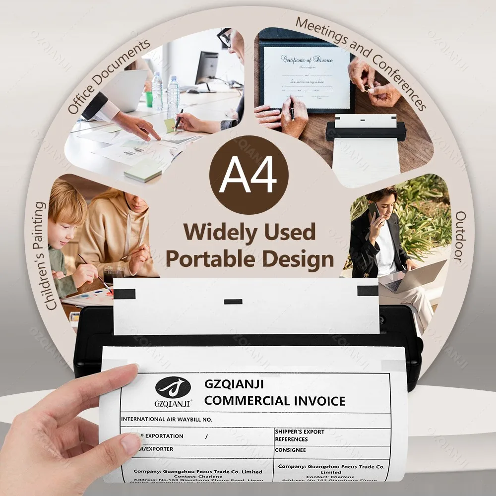 A4 Wireless Bluetooth PDF Printer Mini Portable Thermal Mobile Maker For Home Office PDF Photo Print with 50pcs Thermal Paper