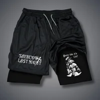 Men's Double-deck Shorts Gothic Letter Print Shorts Summer Quick Drying Sports Fitness 2 In1 Short Pants Joggers Beach Sportwear 2