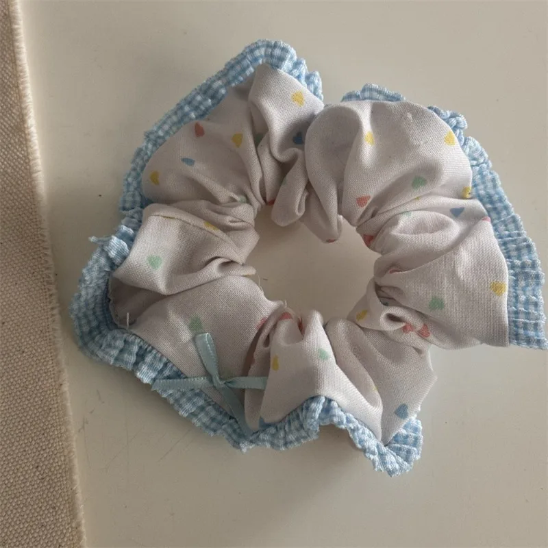 Sweet and Colorful Love Dot Blue Plaid Edge Large Intestine Circle Hair Ornament Hair Rope Ball Head Headwear New Style