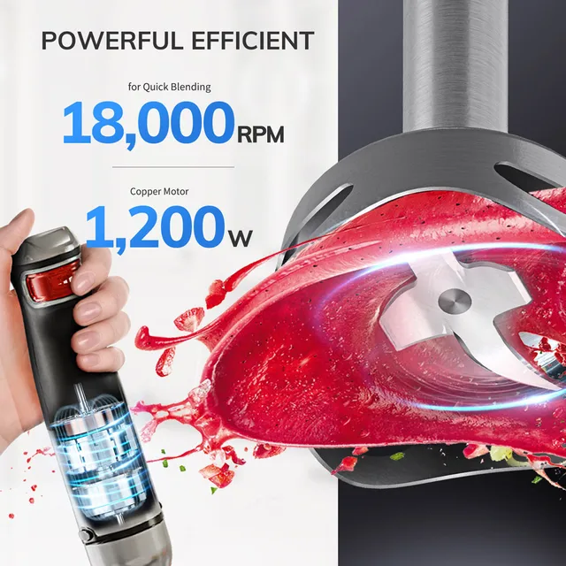 MIUI Electric Hand Held Stick Blender 6-in-1 Multi-Purpose Immersion Hand Blender Stainless Steel Blades Home Kitchen1200W 2