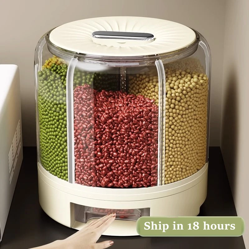 

360 Degree Rotating Rice Dispenser Sealed Dry Cereal Grain Bucket Moisture-proof Food Storage Box Container Kitchen Organizer