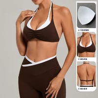Brassière de sport pour femme, bicolore, style débardeur, dos ouvert, col halter, avec bonnets intégrés, pour le yoga, la course et le fitness 5
