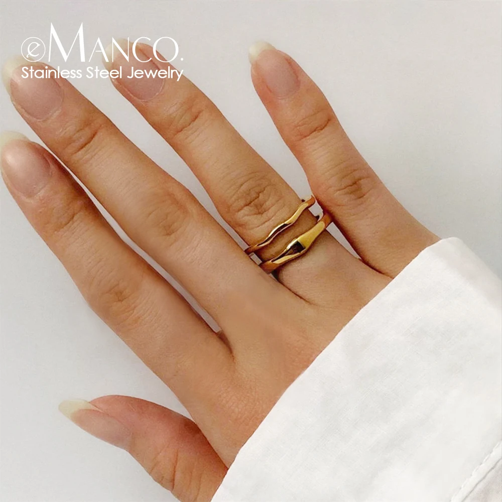 eManco Irregular Wave Rings Stainless Steel Trendy Simple Gold Color / Silver Color Geometric Jewelry for Women Couple
