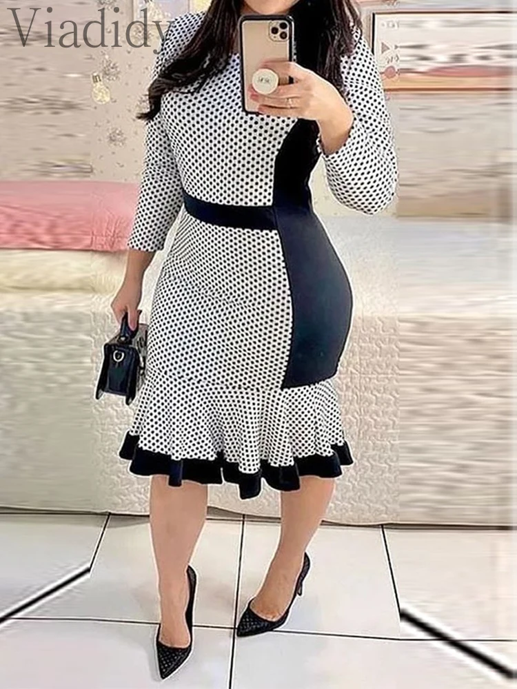 

Women Long Sleeve Polka Dot Print Mermaid Hem Work Dress