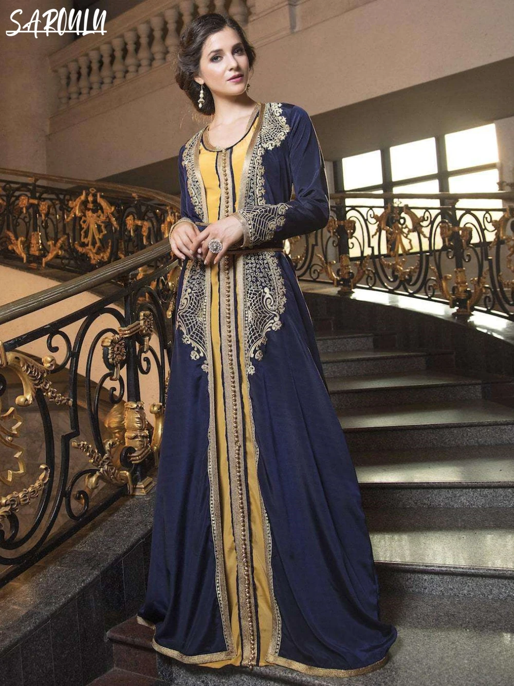 

Dark Blue Party Evening Dress Long Sleeve Celebrity Prom Gown Arabic Kaftan Appliques A-line Floor-length Dress Robe De Mariée