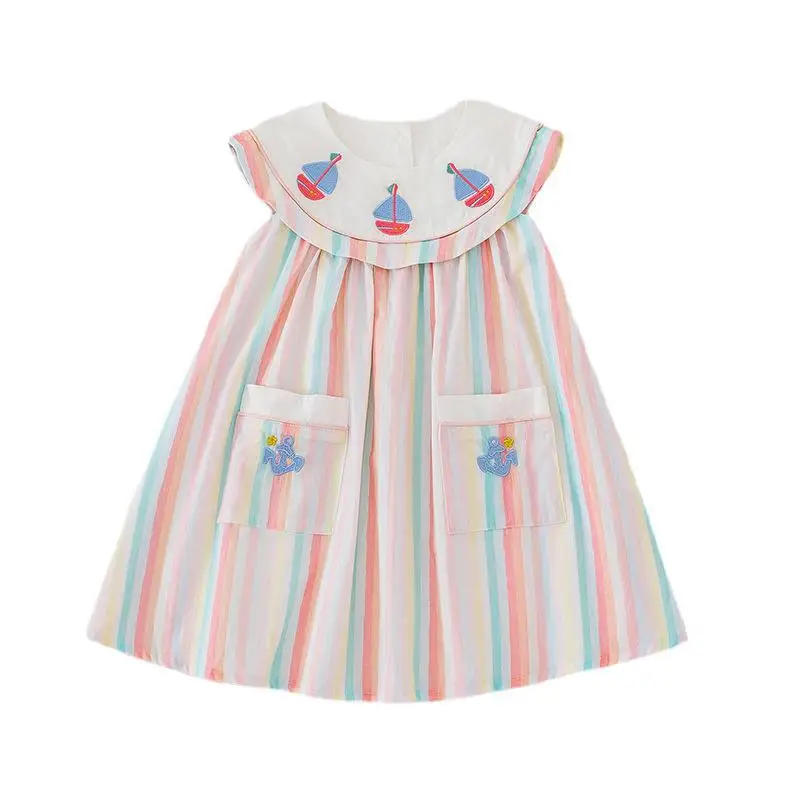 

Children's 2023 Summer Color Striped Sailing Embroidery Navy Style Sleeveless Cotton Dress