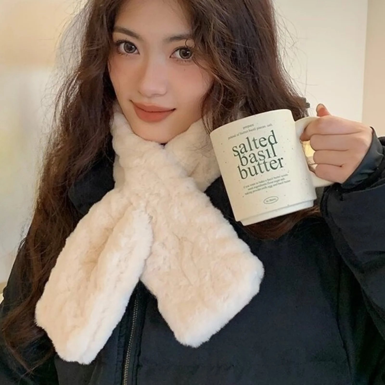 1PC Faux Fur Textured Scarf,Beige Cream Winter Scarves, Soft Warm Fluffy Scarves, Stylish Elegant Cold Weather Accessories