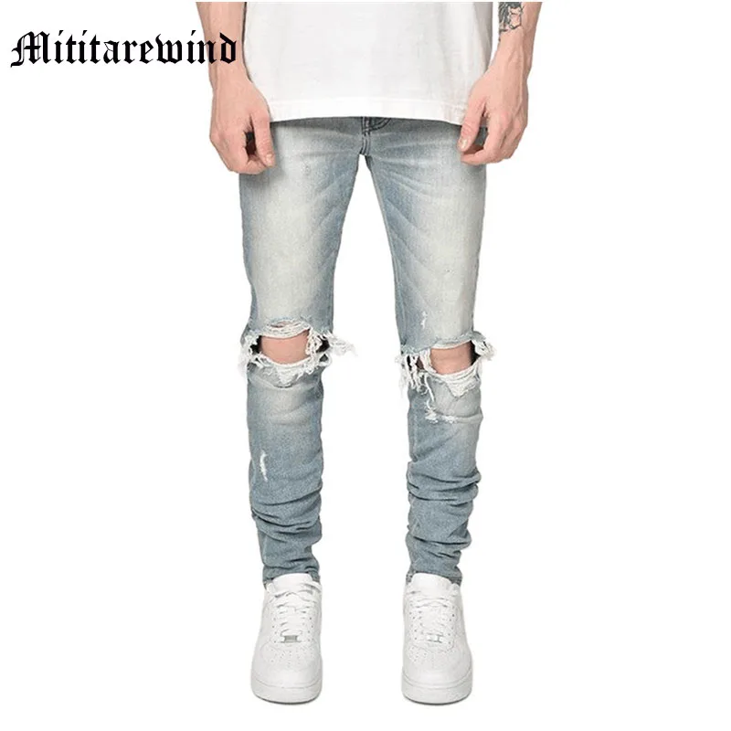 

2023 Design New Arrival Summer Ripped Knee Hole Men's Pants Distressed Solid Slim Casual Pencil Jeans High Street Hip Hop Y2k