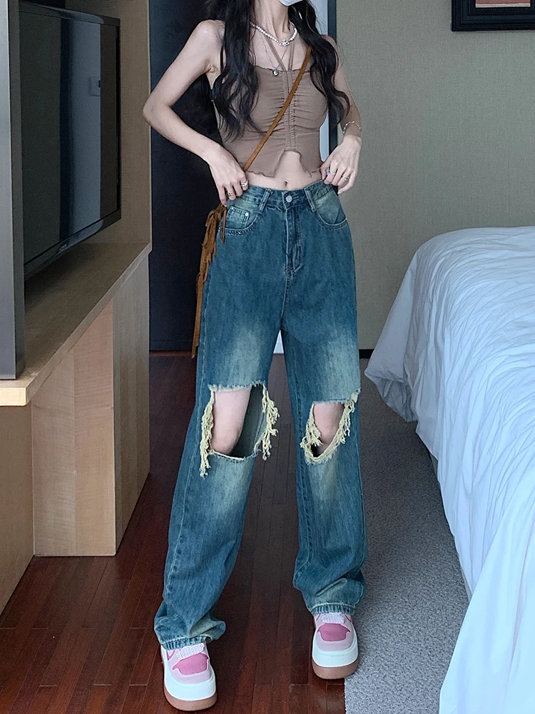 90s European and American Ripped High Street Holdes Hip-hop Loose Straight Wide Leg Jeans Y2K Retro Harajuku Denim Pants Trouser
