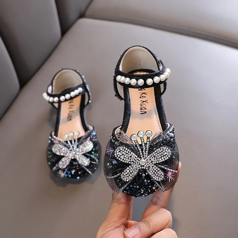 

Girls Sequin Lace Bow Kids Shoes Girls Cute Pearl Princess Dance Single Casual Shoe 2024 New Children's Party Wedding Shoes J202