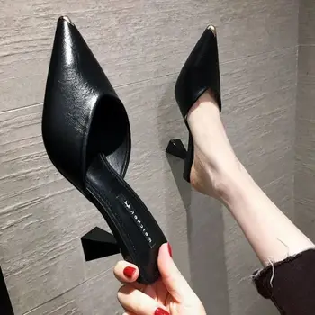 여름 2023 블랙 슬라이드 뮬 여성용 슬리퍼 및 숙녀 샌들, 높이 5cm 힐 신발, 프로모션 가죽 작업 신발 F