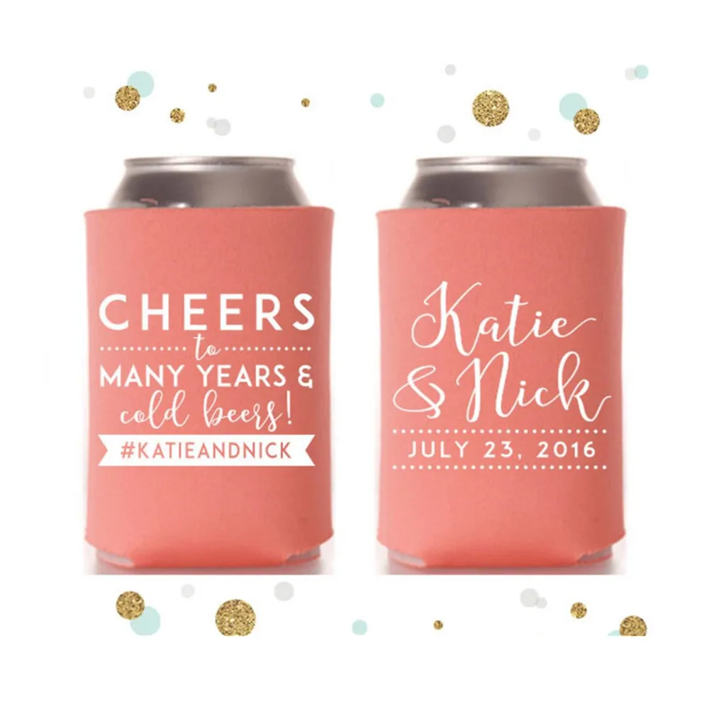 

Cheers to Many Years - Wedding Can Cooler #52R - Custom - Wedding Favors, Beverage Insulators, Beer Huggers