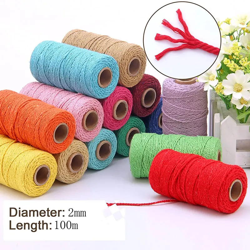 100Meter/Roll Cotton Rope Macrame Cord Colorful Twisted Braided Natural Cotton Cord Handmade DIY Crafts Home Textile Decor 2mm