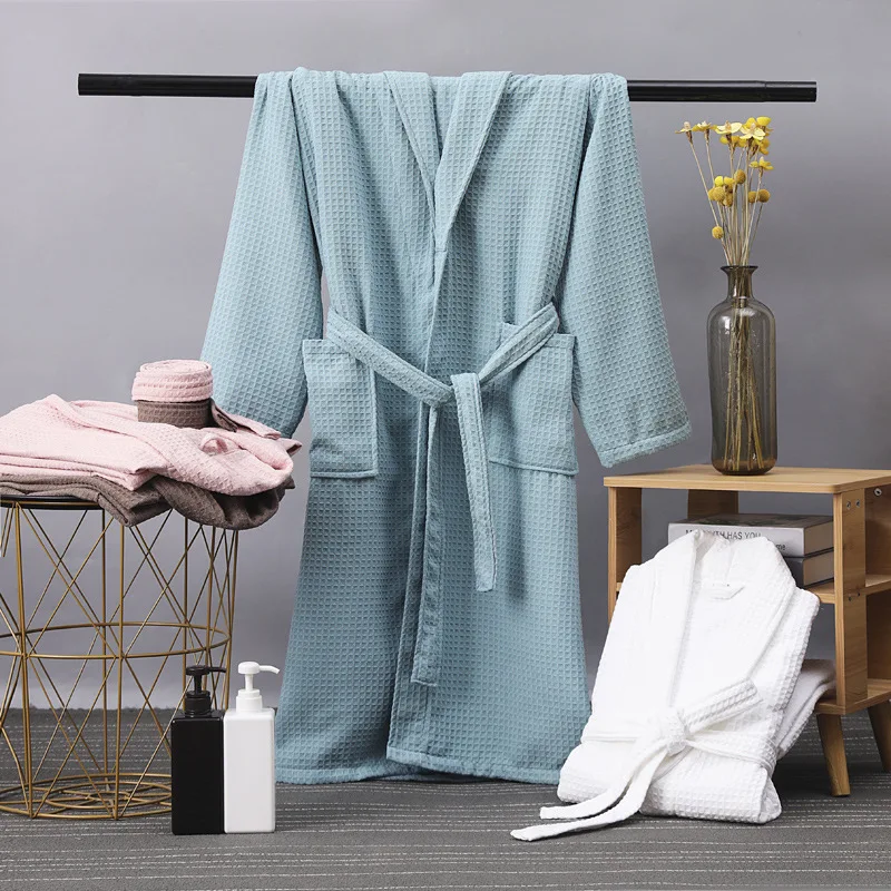 Solid Color Waffle Nightwear V Neck Sleep Lounge Robes Female Home Dressing Gown Kimono Robes Bathrobes Spa Sauna Garments