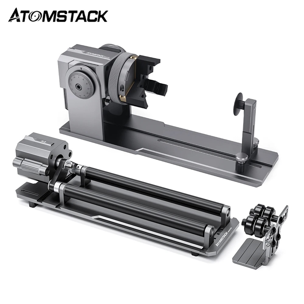 

Atomstack R1 Pro Multi-Function Chuck Laser Engraver Rotary Roller Claw For Cylindrical Ring Irregular Ball Object 360° Rotation