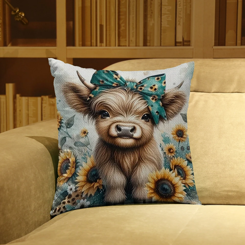 11CT Cotton Sunflower Highland Cow Cushion Cross Stitch Creations 45x45cm Handicraft Embroidery Pillowcase for Adults Beginners
