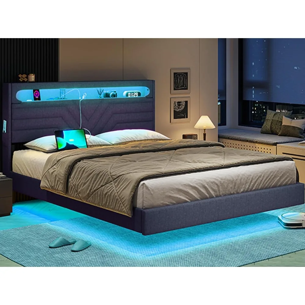 Queen Floating Bed Frame Headboard,USB-C/A Power Combo, Linen Upholstered Platform Bed with Storage Headboard, Dark Gray 3