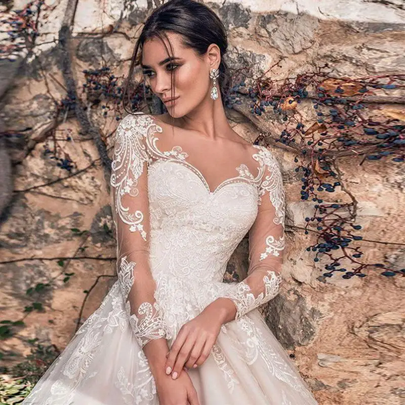 2024 Long Sleeve Lace Applique Wedding Dress Princess Ball Gown Wedding Gowns New Sweep Train Vestidos De Novia Customized 5