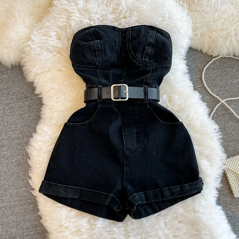 

Women Clothing Pants 2023 New Fashion Strapless Denim One Piece Shorts Spring Summer Retro Wide Leg Cargo Jumpsuit for Women