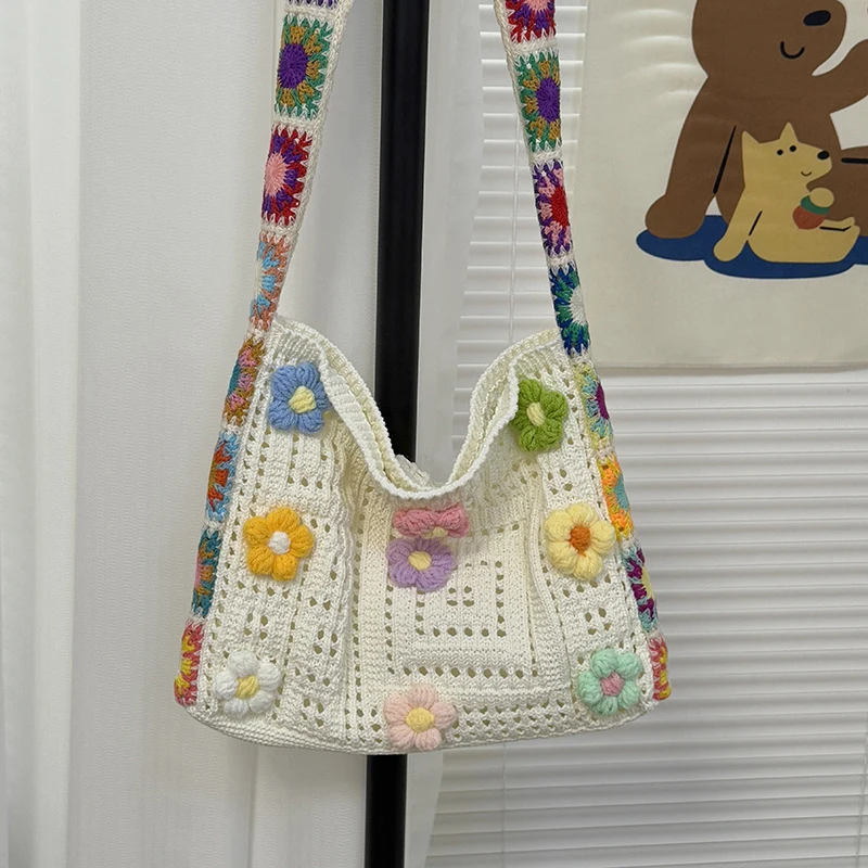 Trendige Boho-Einkaufstasche mit großem Fassungsvermögen, florale Häkelhandtasche, Vintage-Stil, mehrfarbig, gestrickt, modische, ausgehöhlte Handtasche – Detail 14