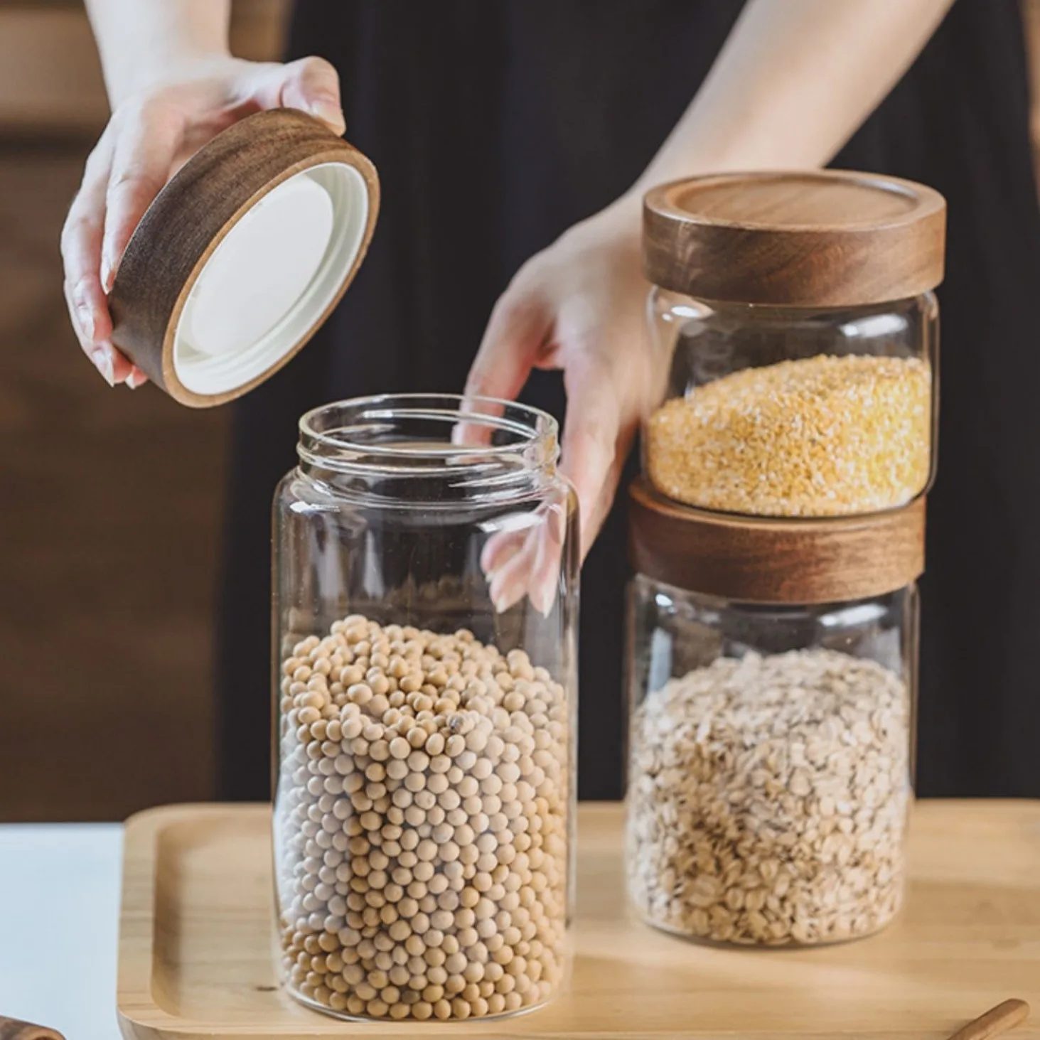 New Small Glass Storage Jars with Airtight Lids, coffee container with Wooden Lid, Glass Pantry Canister for Beans, Rice,Sugar 6