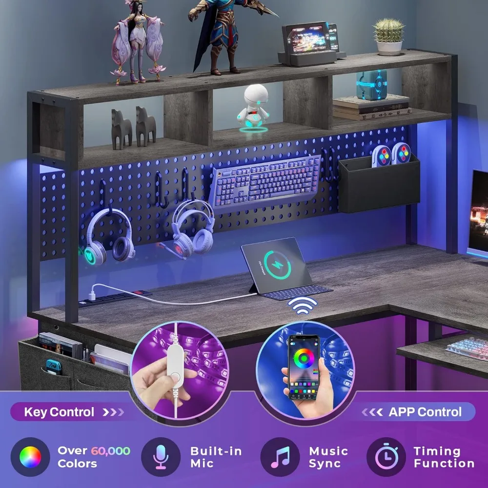 L Shaped Desk, 94.5 Inch Home Office Desk with Power Outlet & Pegboard, L Shaped Gaming Desk with LED light, Keyboard Tray 4
