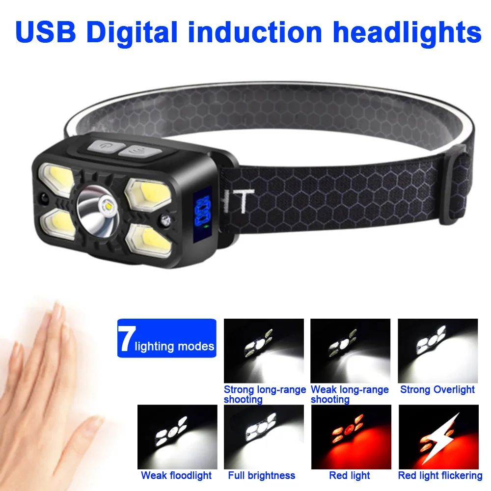 

Digital induction headlights USB charging adjustable headlamp multifunctional portable LED outdoor lighting fishing hiking light