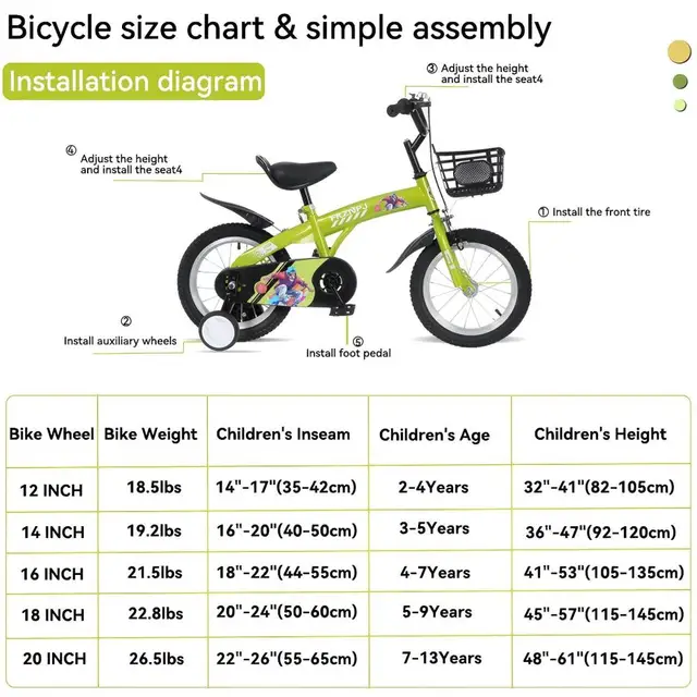 Ye FKZNPJ 16-inch Sporty Kids Bike with Training Wheels & Stand, Adjustable Saddle, Suitable for 4 - 8 Year Old Boys & Girls, Height 41 - 53 Inches, Available in Various Colors