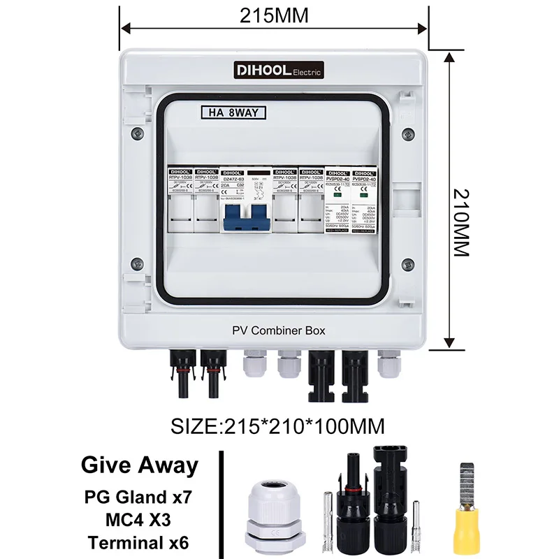 Solar Combiner Box 500V 1000V Disconncet Switch DC Circuit Breakers SPD FUSE Waterproof box 2/4/6 Strings 1 Out PV System