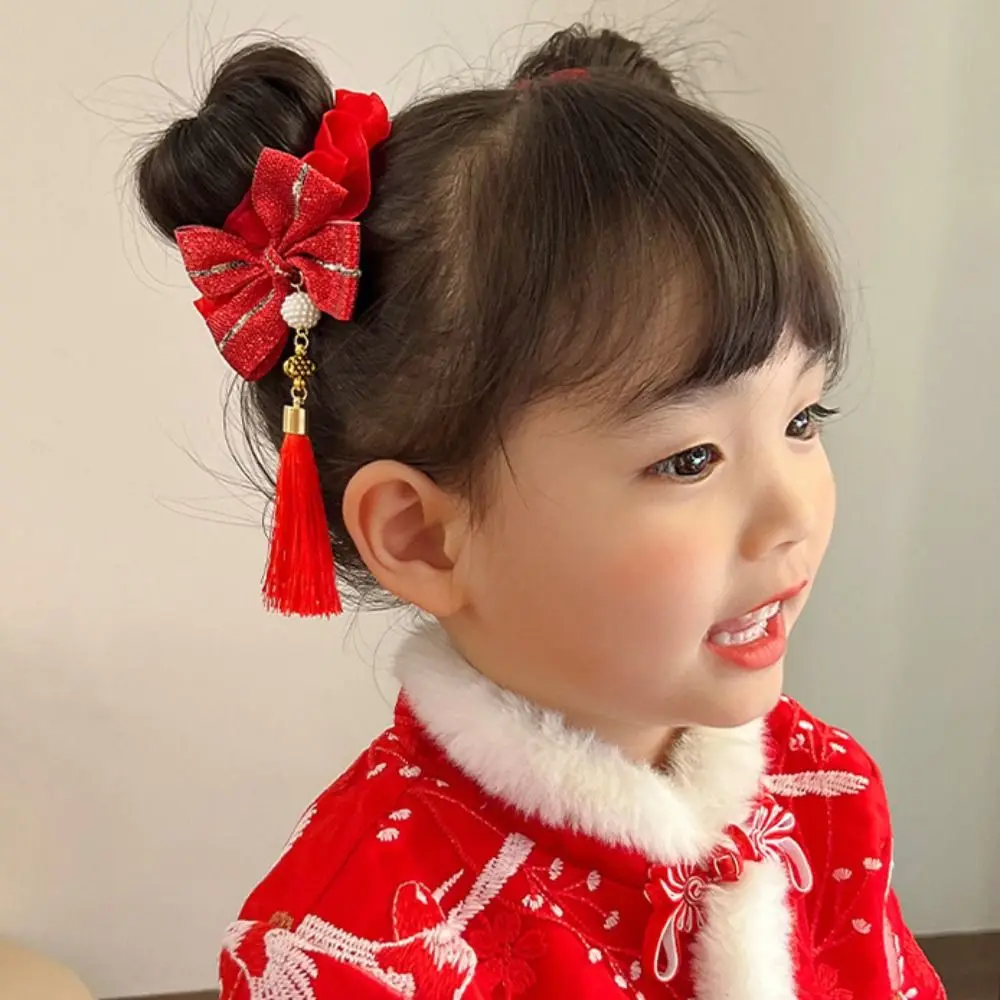 

Pearl Children Red Hair Rope Tang Suit Hair Clip Hairball Red Bow Hair Rope Tassel Ancient Headwear Chinese New Year Headwear