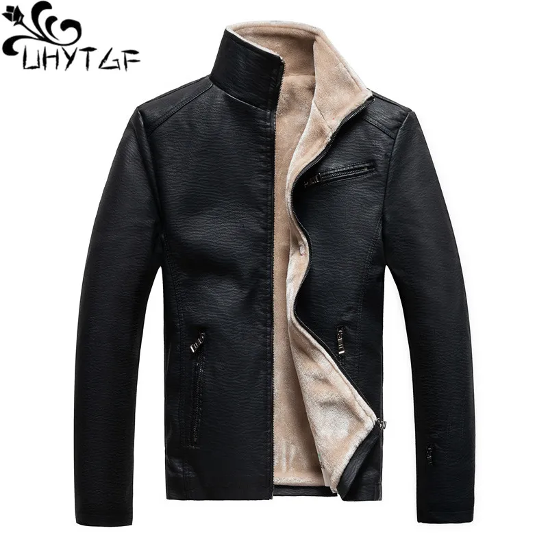 

UHYTGF L-4XL Youth Autumn Winter Leather Jackets Men's Quality PU Lather Plush Warm Male Windbreaker New Casual For Men Coat 212