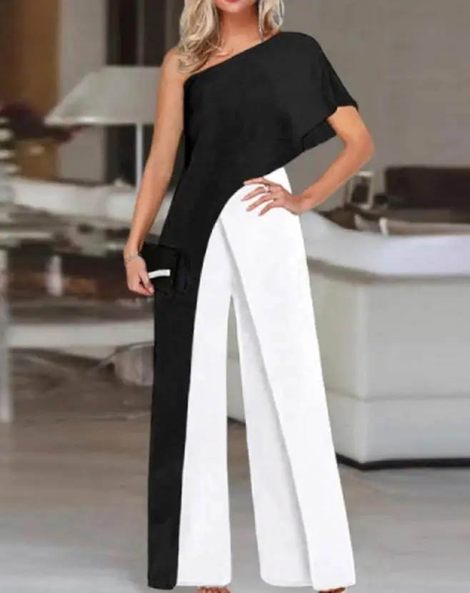 Office Jumpsuit for Women Summer 2023 Elegant Party Wedding Guest Fashion Colorblock One Shoulder Loose Straight Leg Jumpsuit