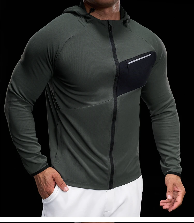 Men Zip Standing Collar Hoodies Top Stretch Slim Long Sleeve Running Fitness Jacket Gym Jogging Tee Bodybuilding Training Shirts