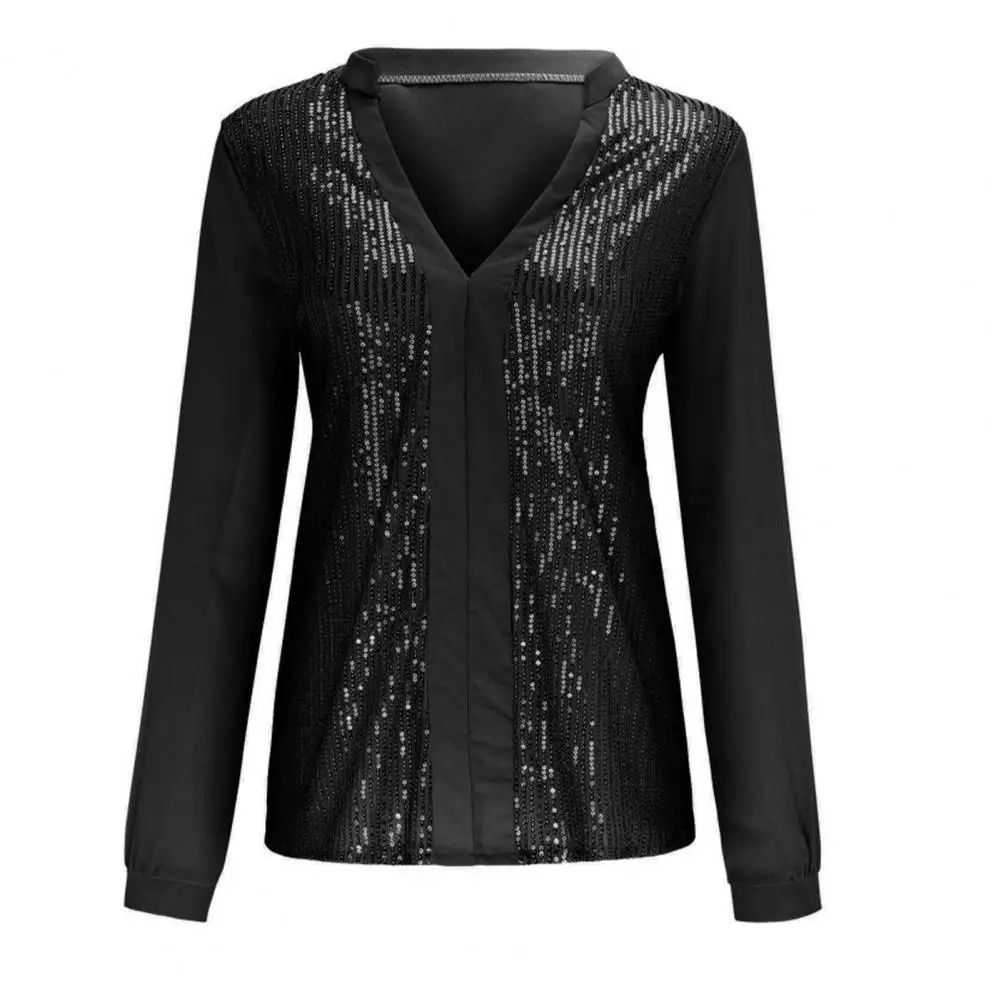 

Lady V Neck Top Sequin V Neck Long Sleeve Blouse for Women Breathable Party Top with Shiny Detail Loose Pullover for Fall Spring